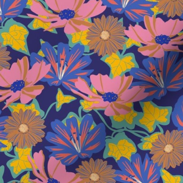 Springtime Floral Navy Blue Pink Yellow Green Cute Wildflower Fabric Large
