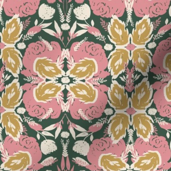 Hand Drawn Pink Damask Flowers With Ochre And Off White Leaves On Sage
