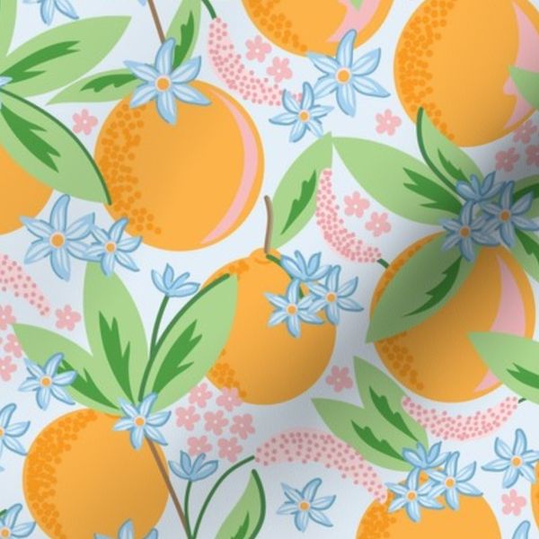 Medium Scale Clementine Oranges with blooms and citrus flowers with blue