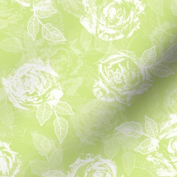 Rose Prints and Leaves w Layers on Honeydew Lace Texture