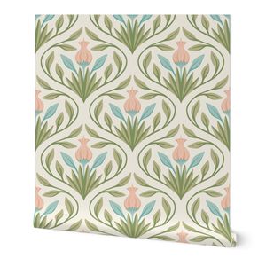 Tulip Garden Ogee Trellis in Miami Art Nouveau Style - Ivory - Large Scale