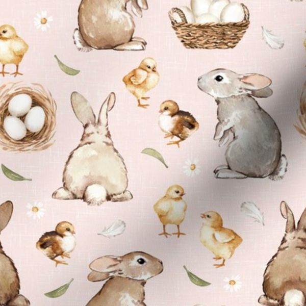 Small Scale / Easter Rabbit Chick Egg Spring Flower / Light Pink Textured