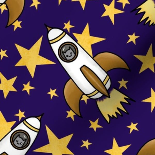 Cats in Space Rockets and Stars on navy blue