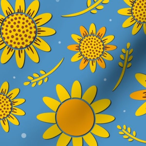 Bold and vibrant sunflowers pattern on a blue background. Botanical pattern