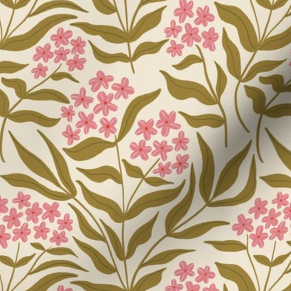 M Vintage Phlox - Loose Hand Drawn Cottagecore Flowers - Olive and pink
