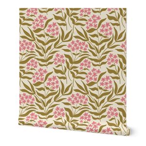 M Vintage Phlox - Loose Hand Drawn Cottagecore Flowers - Olive and pink