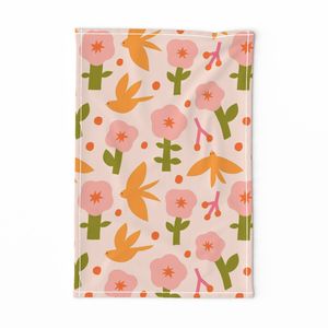 Beautiful pattern with birds and flowers in yellow and pink colours