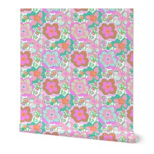 BIG FLOWERS 70's ice pink and turquoise xsmall