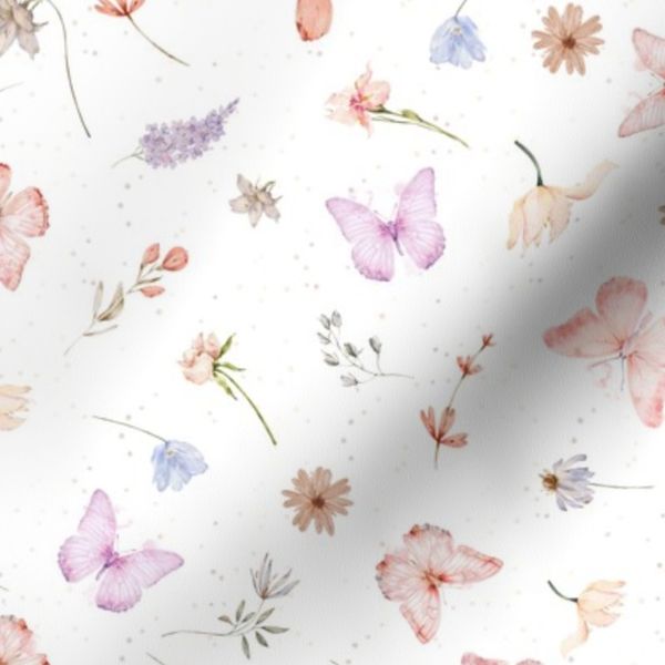 White and Pink Butterfly peach floral for baby quilt pastel butterflies and