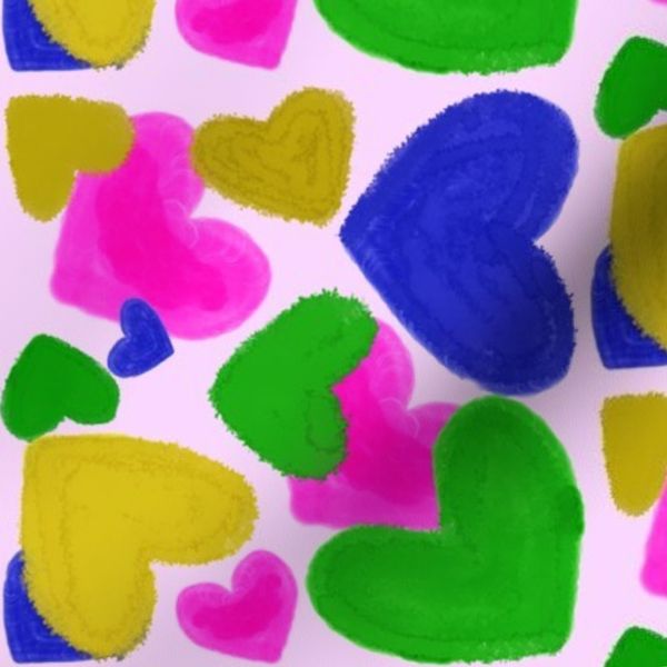 Colorful Hearts Pink Blue Green Yellow Hearts on Pink Background