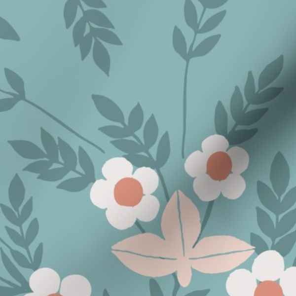 Jumbo Art Nouveau Folk Floral in teal blue coral & pink