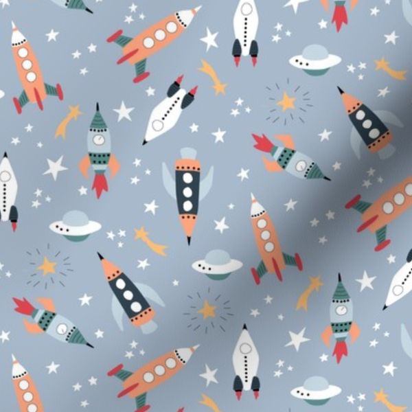 Galaxy Quest Rockets on Chambray Blue - 1 1/2 inch