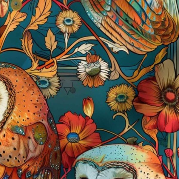 art nouveau barn owl red gold botanical