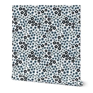 Dark Blue Ditsy Blossoms on White - Large Floral Print
