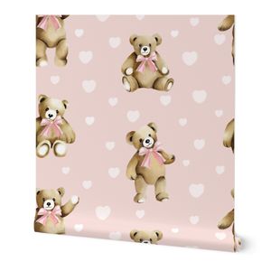 Teddy Bears with Pink Bows and Hearts in Blush Pink for Baby Nursery