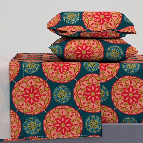 Mosaique Bohemian Floral Mandala Exotic Tile Red Green Blue Dark Teal MED