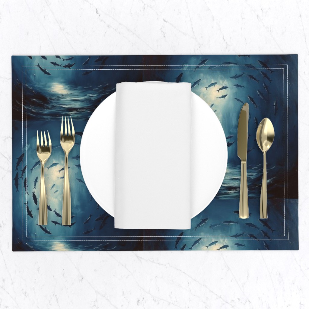 Top down of a table setting on a white marble table, a placemat with a plate and napkin and gold silverware set
