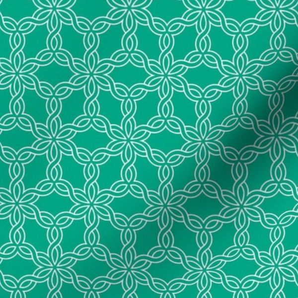 Geometric mesh with braided white lines on a green background.
