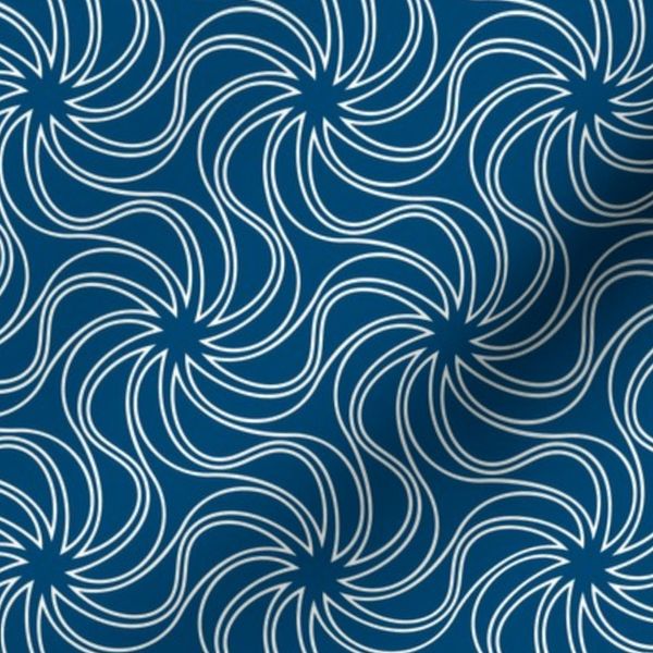 Geometric pattern with thin wavy white lines on a dark blue background.