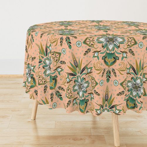 Maximalist Art Deco Gold Wallpaper - Teal on Peach - 3d9271 and ffc3a2