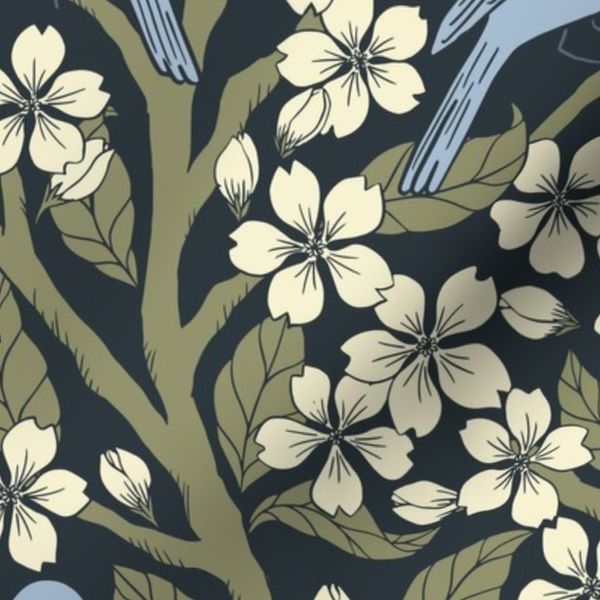 Apple Tree Blossom and Songbirds Chinoiserie Blue and Green - Dramatic Glam