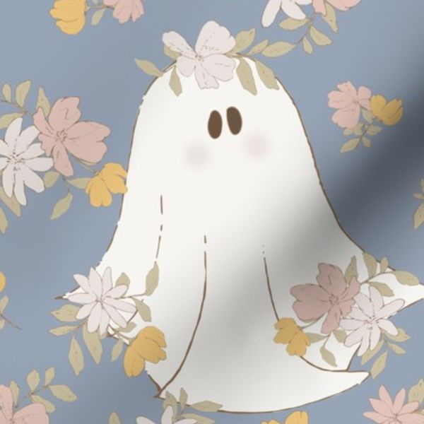(L) Ditsy flowers and cute ghosts - blue