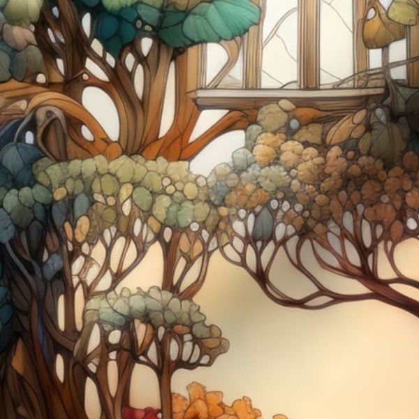 Autumn park vibrant fantasy fall trees and garden gate in the of stained