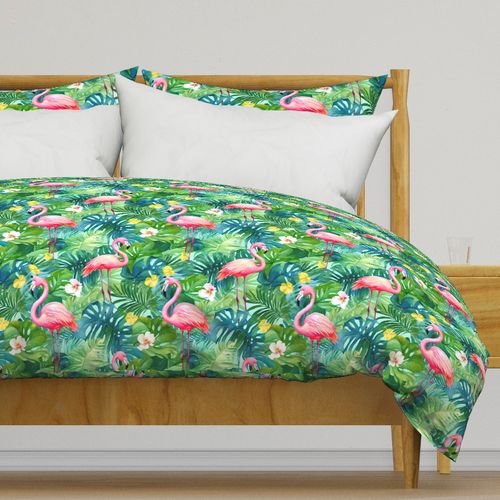 Bigger Preppy Pink Flamingos And Green Tropical Leaves