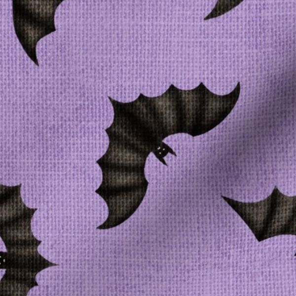 (L) Spooky Bats Flight Black on Light Lavender Purple Distressed Linen Like