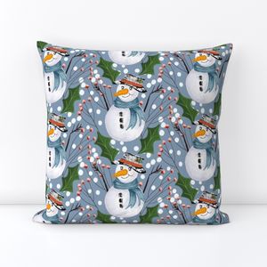 Textured happy snowman with holly branches and leaves on falling snow