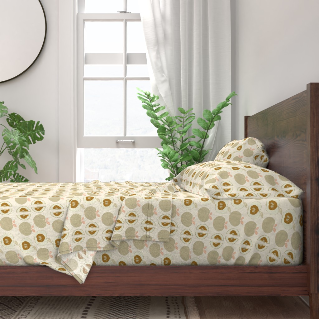 A neatly made bed with sheets and pillows with a wooden bedframe. The bed is next to a window with plants on either side and a round mirror hangs on the wall to the left of the window.