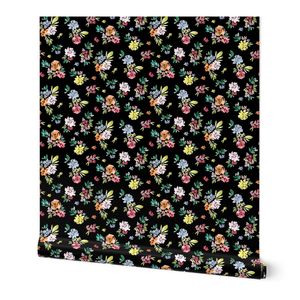 Colorful watercolor floral blooms on black