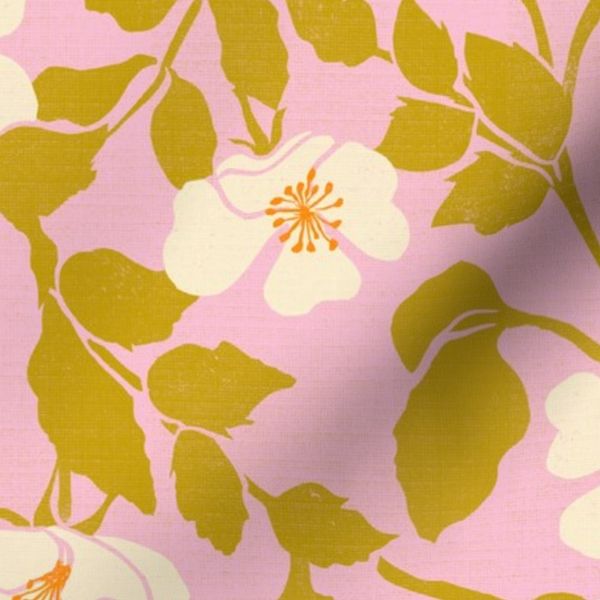 wild rose toss botanical block print pink olive large scale