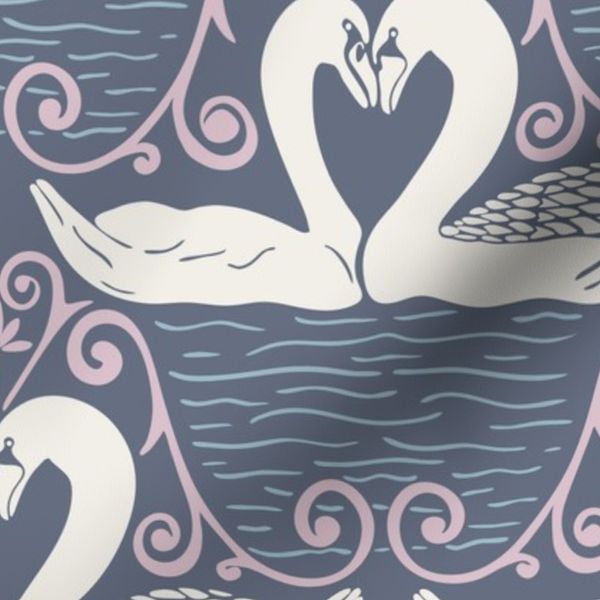 Art Nouveau Swan Design in Muted Blue & Pink - Romantic Vintage Aesthetic M
