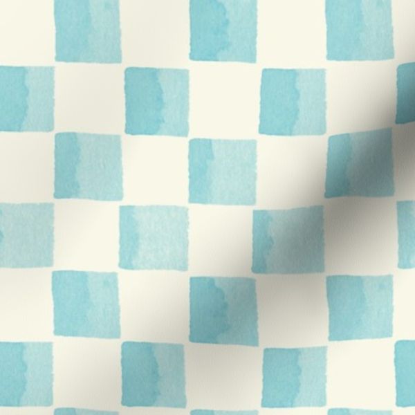 (M) Watercolor Turquoise Blue Checkerboard Square with Cream Background