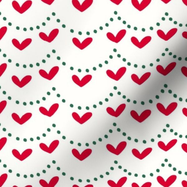Cute Folk Holiday Heart Garland in Red Berry and Green on Light Ivory
