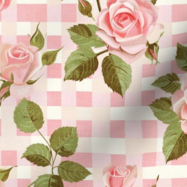 Preppy Perfection Pink Roses with Green Leaves on Gingham Medium Scale