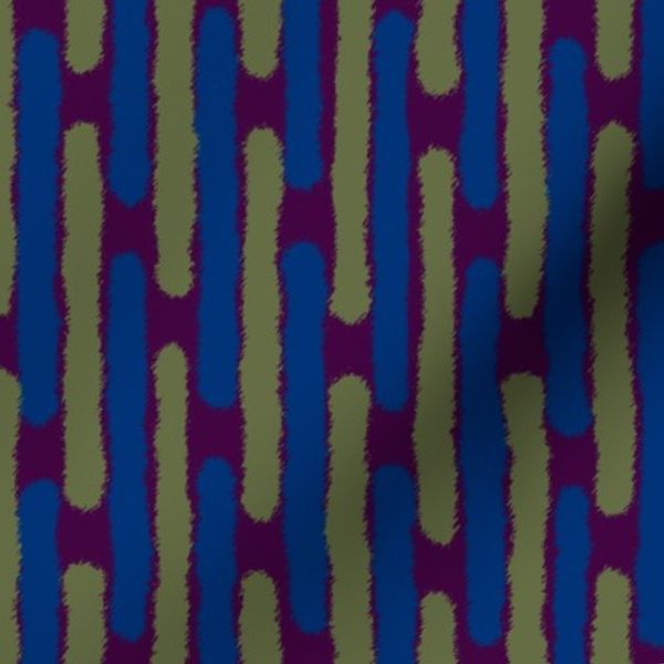 Ikat Batik Stripes in Eggplant Olive Green and Midnight Blue Vertical