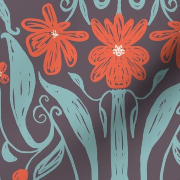 Art Deco Romantic Floral Dark Gray Background Orange Flowers Turquoise Blue