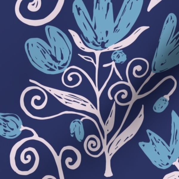 Fantasy Flower Tree - Dark Blue Turquoise Blue & White
