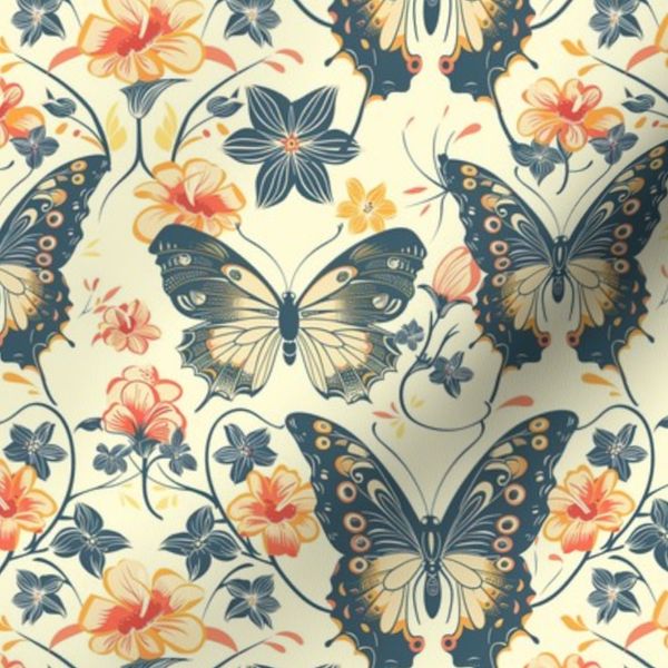 Smaller Butterfly Garden Navy And Coral Floral