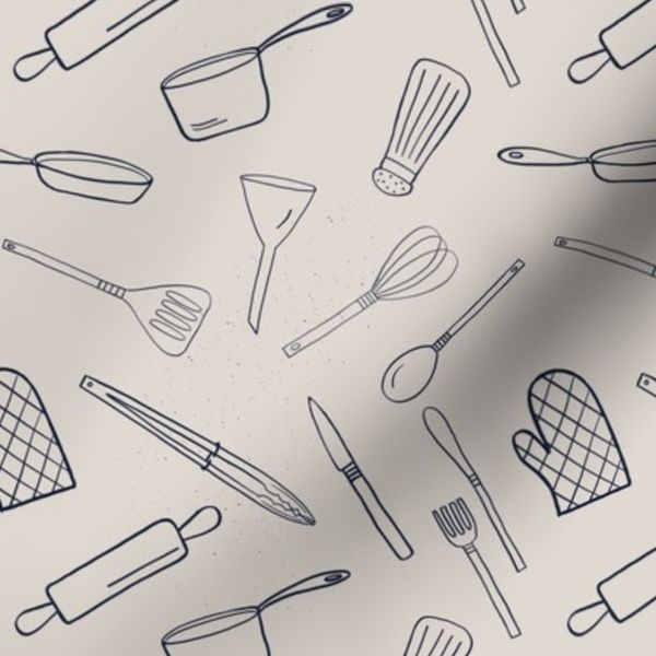 Kitchen Utensils Cutlery Cookware Navy Blue on Ecru Background Small