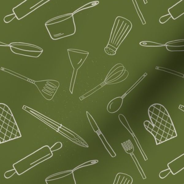 Kitchen Utensils Cutlery Cookware Cream on Olive Green Background Small