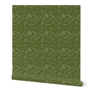 Kitchen Utensils Cutlery Cookware Cream on Olive Green Background Small