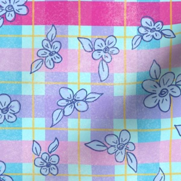 Girly Preppy Colorful Plaid and Doodle Flowers Pink Purple Yellow Blue