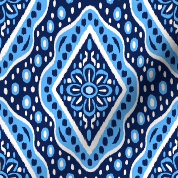 (med) Ikat Floral Diamonds Night Blue Sky Blue Vibrant Preppy Style for