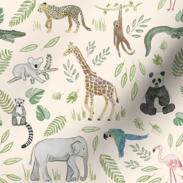 zoo animal greenery - cream - neutral watercolor zoo kids