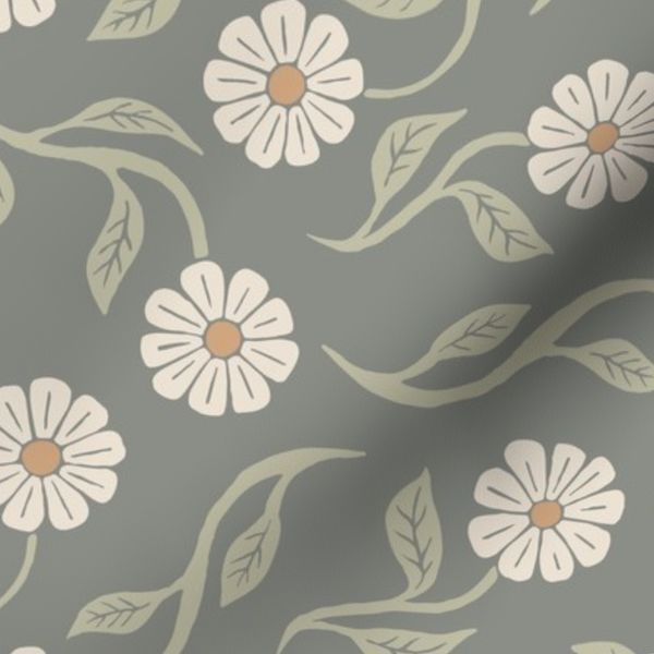 Prairie Flowers Jumbo Dark Eucalyptus Green Vintage Lace Cream