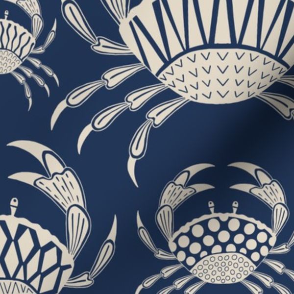 Crabs blue on white with different geometric patterns in block print style