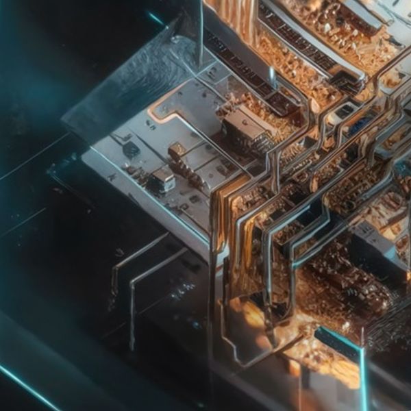 Futuristic Circuit Board Design in Metallic Gold and Electric Blue